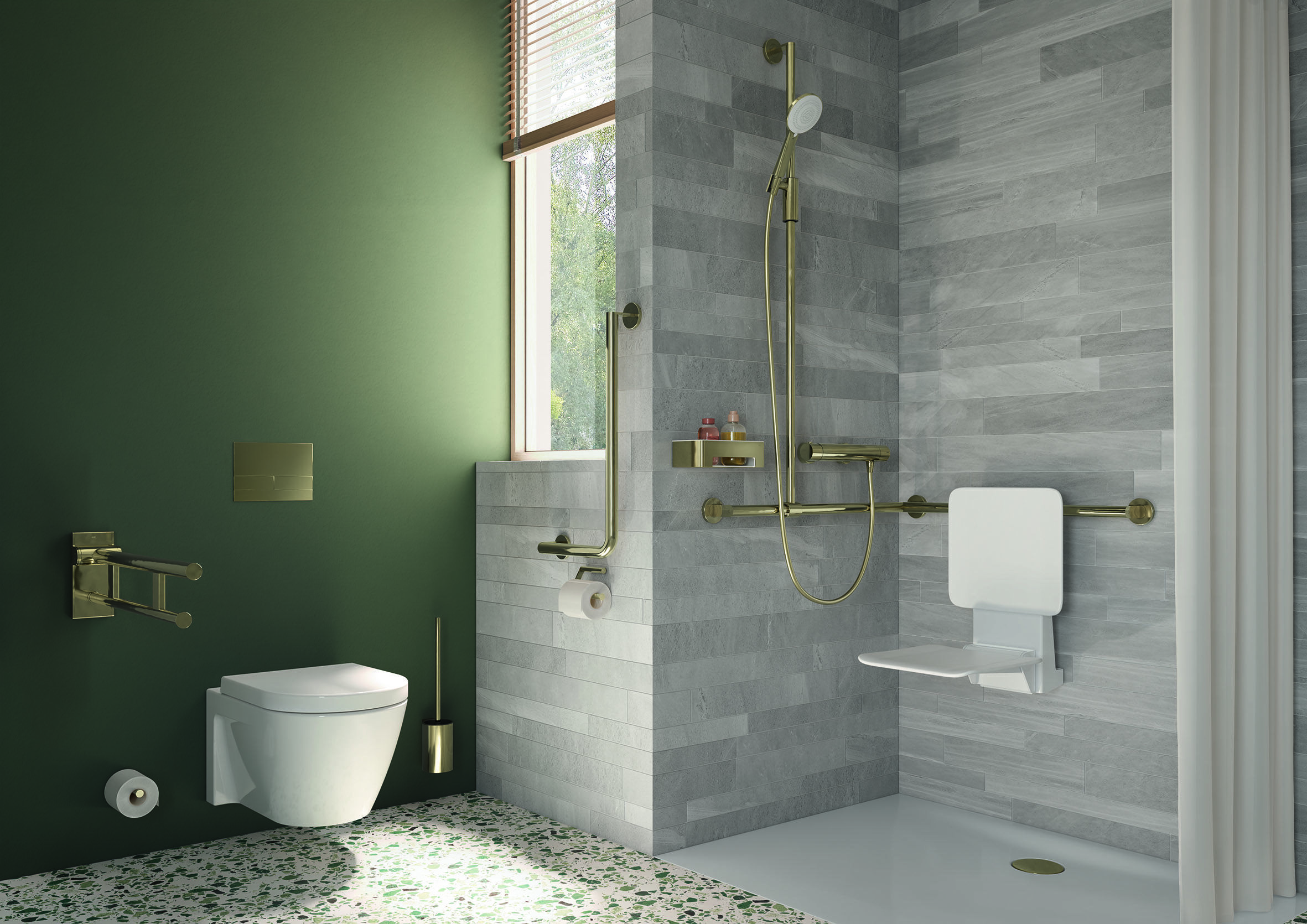 Eine Dusche mit Haltegriffen.